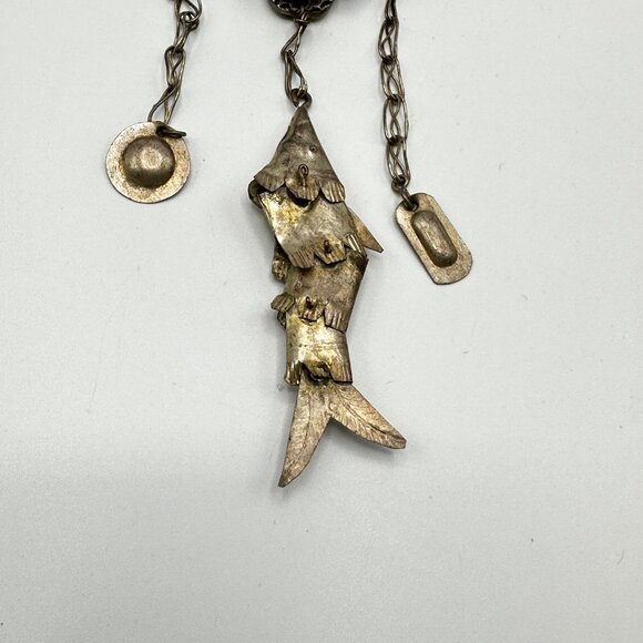 Vintage Peruvian Silver Peacock Tupu Brooch – XL Shawl Pin with Articulated Fish - Picture 7 of 11